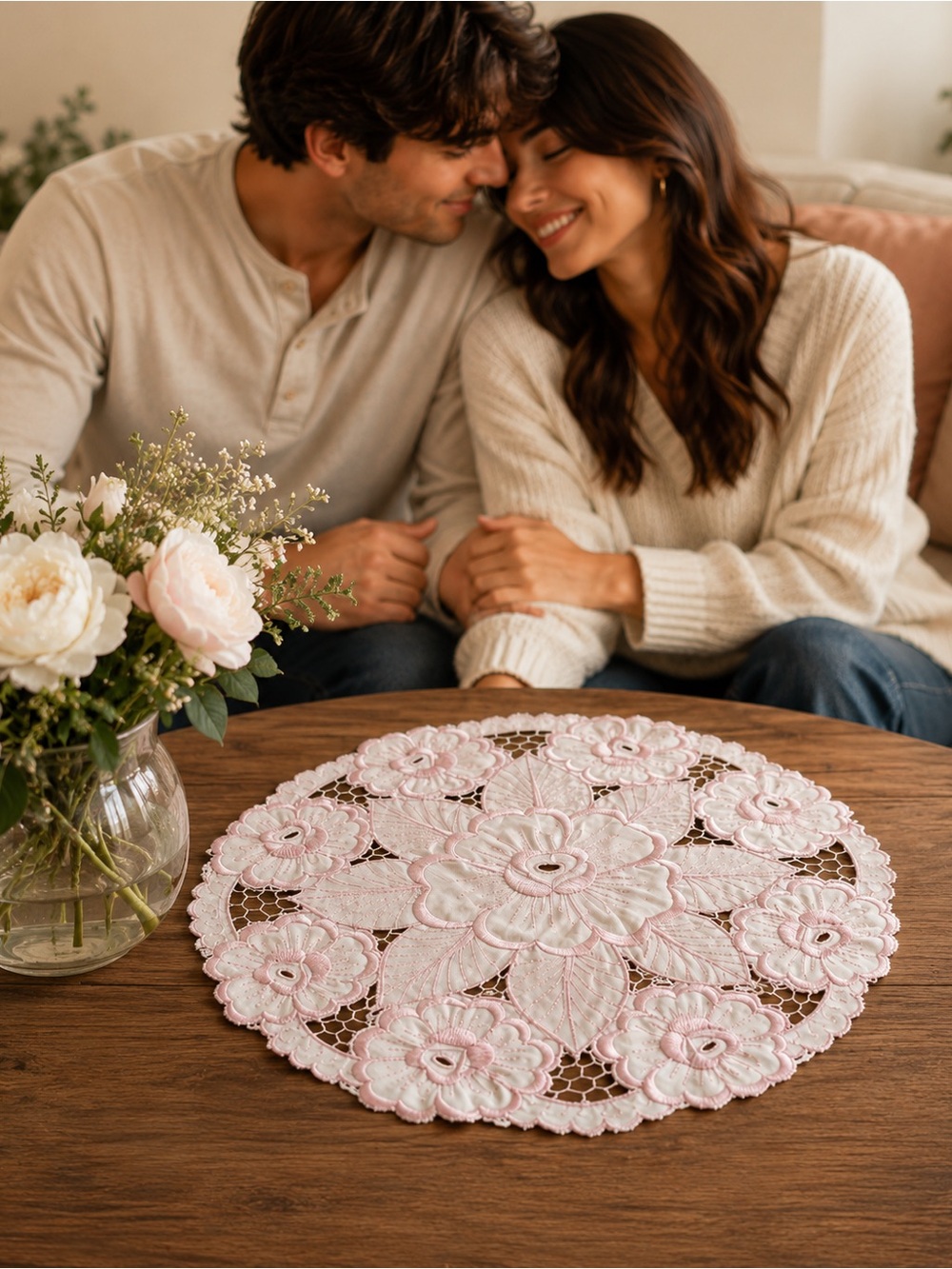 Elegant Pink Floral Lace Doily – Decorative Round Table Accent
